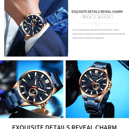 Men's Watches, Stainless Steel Strap Watch for Men Male Waterproof Quartz Calendar wristwatches-B3