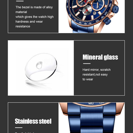 Men's Watches, Stainless Steel Strap Watch for Men Male Waterproof Quartz Calendar wristwatches-E1