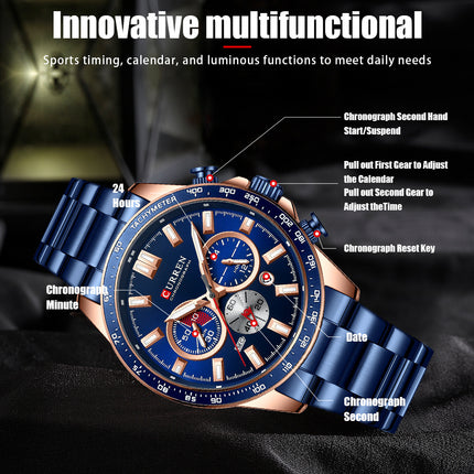 Men's Watches, Stainless Steel Strap Watch for Men Male Waterproof Quartz Calendar wristwatches-E1