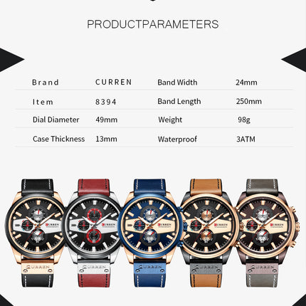 Men's Watches, Leather Strap wristwatches Waterproof Quartz Calendar Business Watch for Men