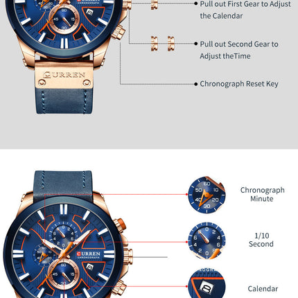 Men's Fashion Watches,  Leather Strap wristwatches Waterproof Quartz Calendar Watch for Men