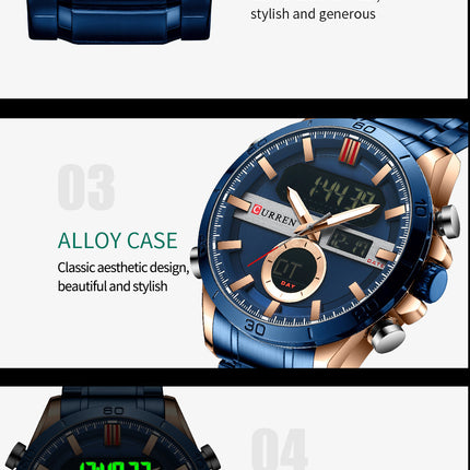 Men's Fashion Watches,  Stainless Steel Strap Waterproof Quartz Double Movement Watch for Men