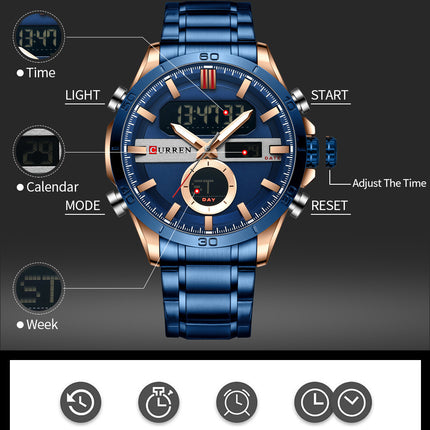 Men's Fashion Watches,  Stainless Steel Strap Waterproof Quartz Double Movement Watch for Men