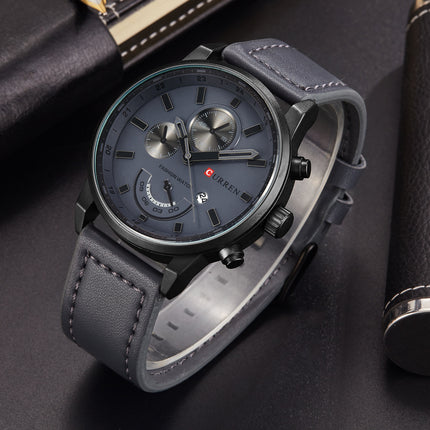 Men's Watches With Leather Strap Analog Quartz Movement Glass Screen Pointer Mini-Dial Casual Round Wrist Watch for Men