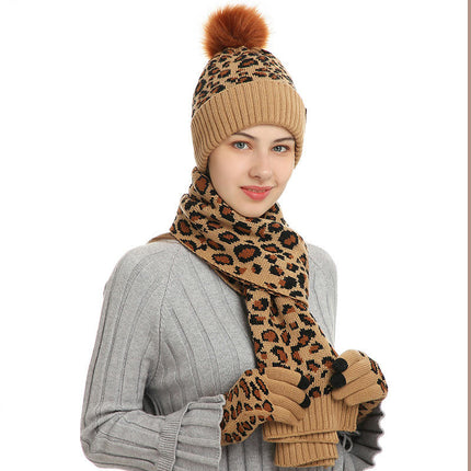 3pcs Winter Beanie Hat Scarf and Touch Screen Gloves Set for Women Knit Hat with Faux Fur Ball Scarves Glove