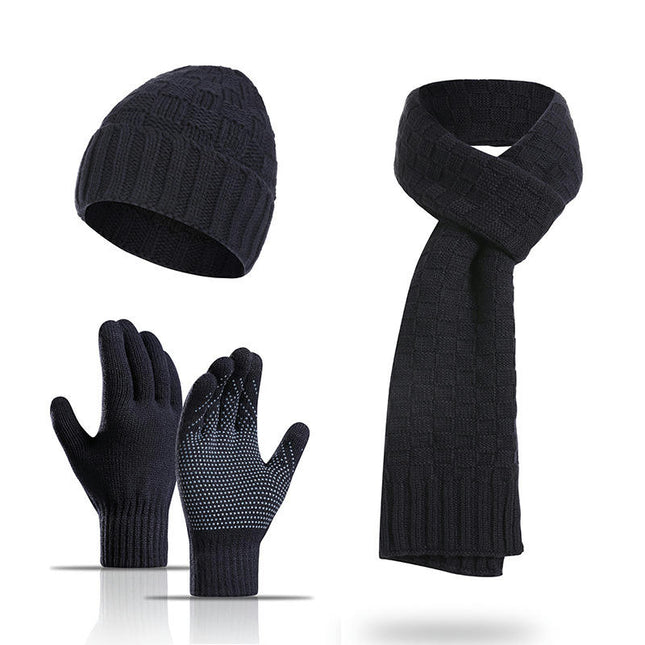 Winter Woolen Warm Hat Long Scarf Touch Screen Gloves Set (with Wool Lining), Suitable for Men and Women