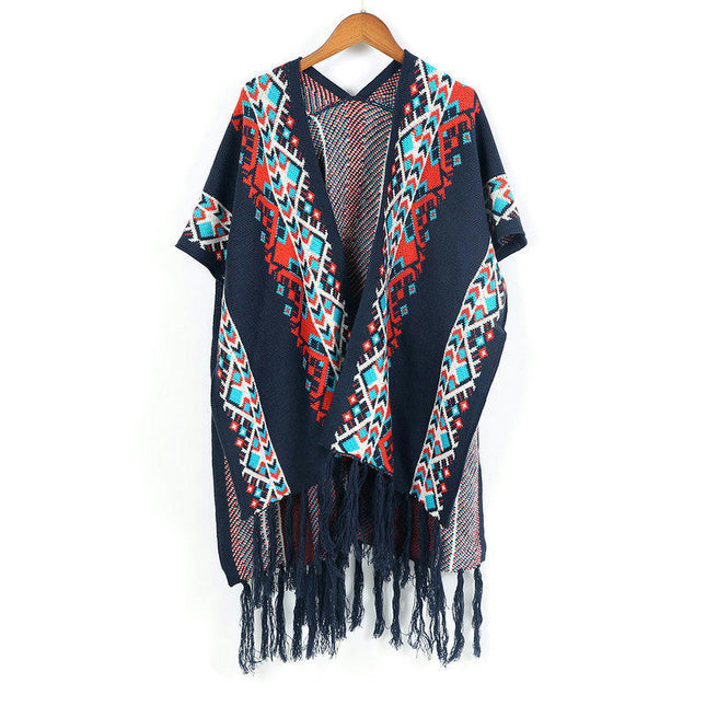 Women's Ethnic Style Faux Cashmere Shawl Winter Warm Cardigan  Tassel Cape