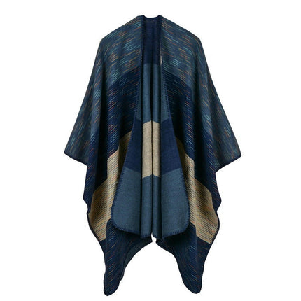 Women's Rainbow Wide Stripe Placket Poncho Knitted Plaid Shawl Wrap Poncho Fringe Cardigan Sweater