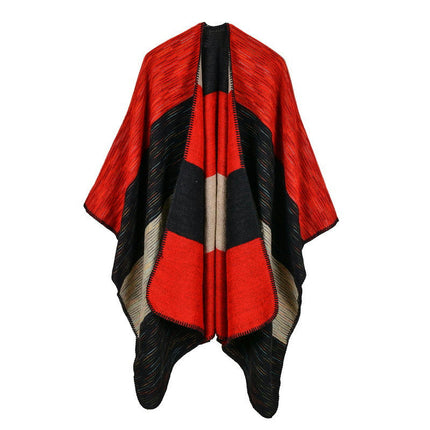 Women's Rainbow Wide Stripe Placket Poncho Knitted Plaid Shawl Wrap Poncho Fringe Cardigan Sweater