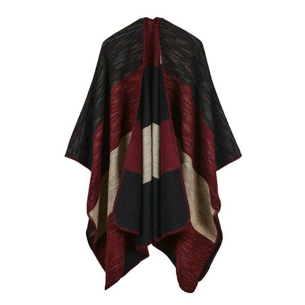 Women's Rainbow Wide Stripe Placket Poncho Knitted Plaid Shawl Wrap Poncho Fringe Cardigan Sweater