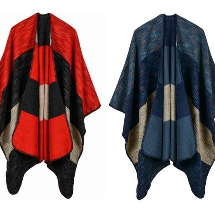 Women's Rainbow Wide Stripe Placket Poncho Knitted Plaid Shawl Wrap Poncho Fringe Cardigan Sweater