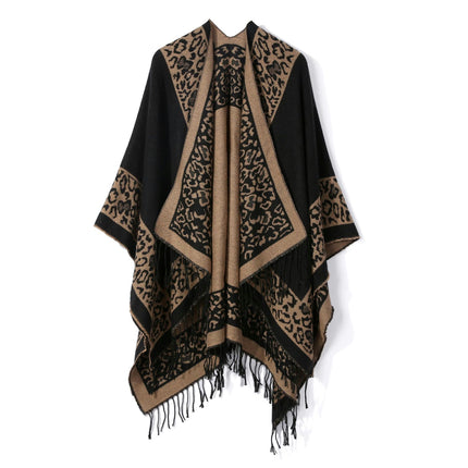 Leopard Women's Fall and Winter Cape Shawl Warm Fringed Faux Cashmere Shawl Cape Cardigan