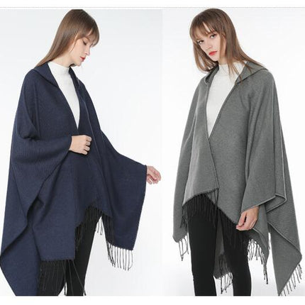 Women's Hooded Shawl Cape Cardigan Solid Color Faux Cashmere Thickened Warm Shawl Cape