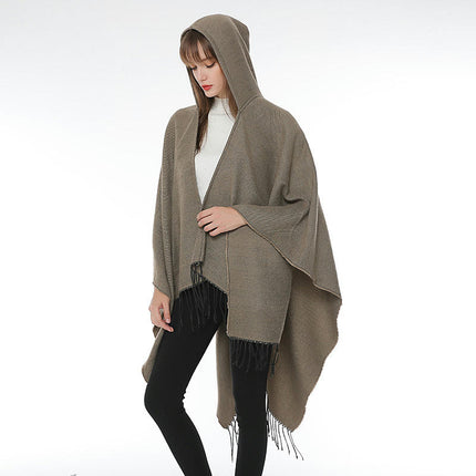 Women's Hooded Shawl Cape Cardigan Solid Color Faux Cashmere Thickened Warm Shawl Cape