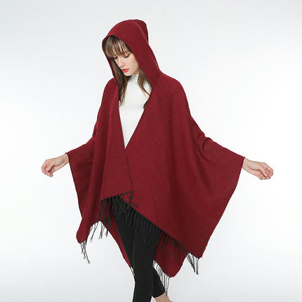 Women's Hooded Shawl Cape Cardigan Solid Color Faux Cashmere Thickened Warm Shawl Cape