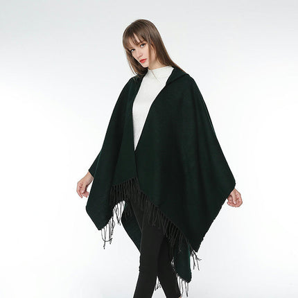 Women's Hooded Shawl Cape Cardigan Solid Color Faux Cashmere Thickened Warm Shawl Cape