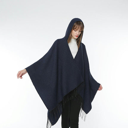 Women's Hooded Shawl Cape Cardigan Solid Color Faux Cashmere Thickened Warm Shawl Cape