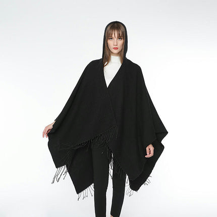 Women's Hooded Shawl Cape Cardigan Solid Color Faux Cashmere Thickened Warm Shawl Cape