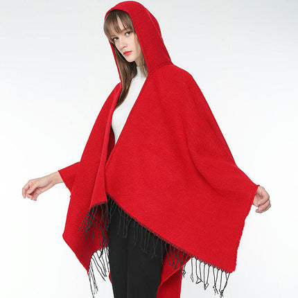 Women's Hooded Shawl Cape Cardigan Solid Color Faux Cashmere Thickened Warm Shawl Cape