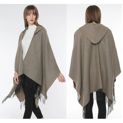 Women's Hooded Shawl Cape Cardigan Solid Color Faux Cashmere Thickened Warm Shawl Cape