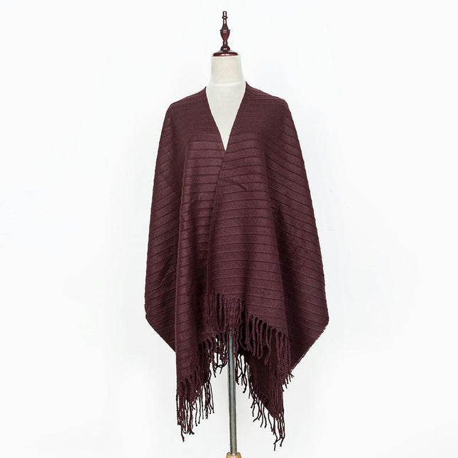 Women's Solid Color Cozy Warm Poncho Sweater Elegant Shawl Wrap with Fringe