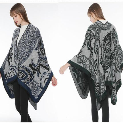 Women's Fashion Shawl Large Wrap Poncho Style Scarf - Thick Vintage Patchwork Cape Winter Scarf