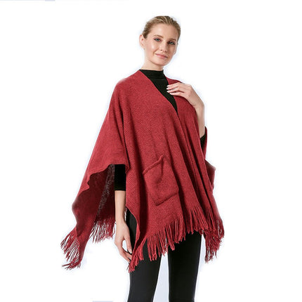 Women's Warm Shawl Winter Sweater Coat Wrap Loose Large Size Cardigan Tassel Pocket Poncho