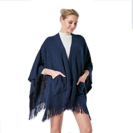 Women's Warm Shawl Winter Sweater Coat Wrap Loose Large Size Cardigan Tassel Pocket Poncho