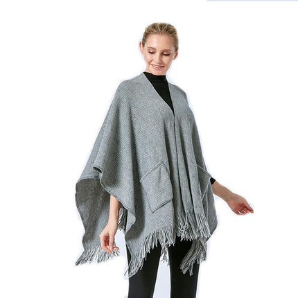 Women's Warm Shawl Winter Sweater Coat Wrap Loose Large Size Cardigan Tassel Pocket Poncho