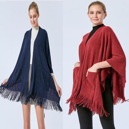 Women's Warm Shawl Winter Sweater Coat Wrap Loose Large Size Cardigan Tassel Pocket Poncho