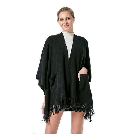 Women's Warm Shawl Winter Sweater Coat Wrap Loose Large Size Cardigan Tassel Pocket Poncho