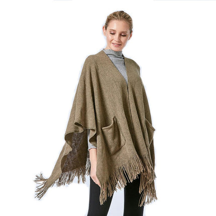 Women's Warm Shawl Winter Sweater Coat Wrap Loose Large Size Cardigan Tassel Pocket Poncho