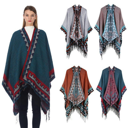 Women's Warm Shawl Scarf Extended Cardigan Woolen Sweater Fashion Classic Poncho Scarf