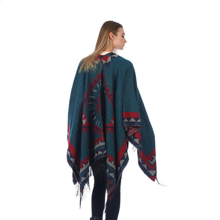 Women's Warm Shawl Scarf Extended Cardigan Woolen Sweater Fashion Classic Poncho Scarf