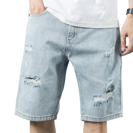 Men's Fashion Ripped Short Jeans Loose Fit Casual Denim Shorts with Hole