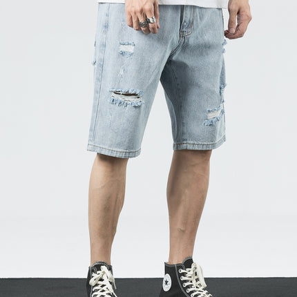 Men's Fashion Ripped Short Jeans Loose Fit Casual Denim Shorts with Hole