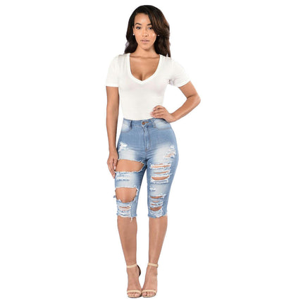 Women's High Waisted Denim Ripped Shorts Distressed Knee Length Denim Short Jeans