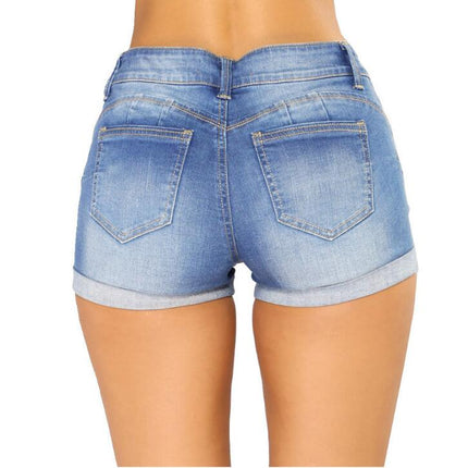 Women's Ripped Mid Waisted Denim Shorts with Pockets-E