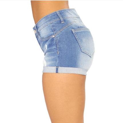 Women's Ripped Mid Waisted Denim Shorts with Pockets-E