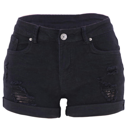 Women's Ripped Mid Waisted Denim Shorts with Pockets-E