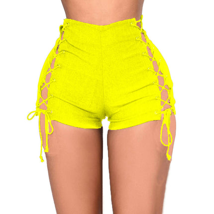 Women's Denim Shorts Mid Side Straps Lace Up Mini Hot Pants