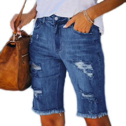 Women's Mid Waist and Knee Ripped Hole Washed Distressed Short Jeans