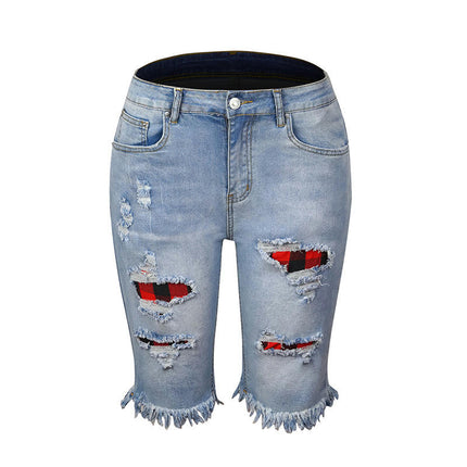 Women's Mid Waist and Knee Ripped Hole Washed Distressed Short Jeans