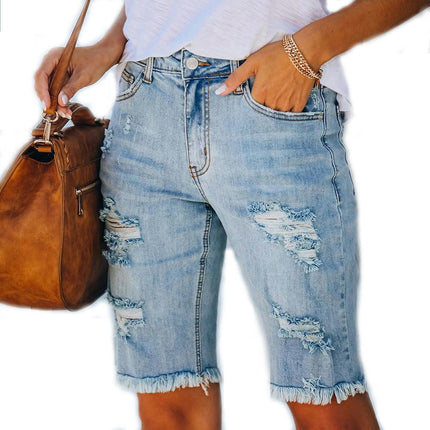 Women's Mid Waist and Knee Ripped Hole Washed Distressed Short Jeans