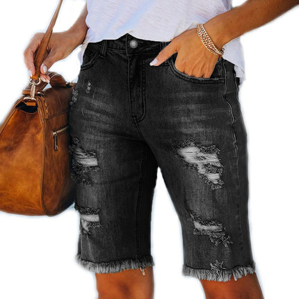 Women's Mid Waist and Knee Ripped Hole Washed Distressed Short Jeans