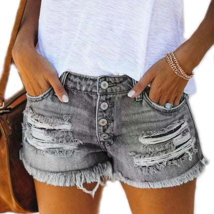 Women Mid Rise Ripped Stretchy Jeans Shorts Frayed Raw Hem Casual Denim Shorts