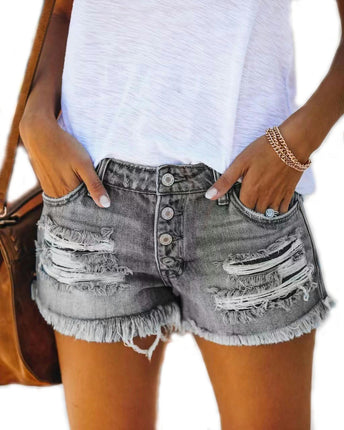 Women Mid Rise Ripped Stretchy Jeans Shorts Frayed Raw Hem Casual Denim Shorts