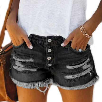 Women Mid Rise Ripped Stretchy Jeans Shorts Frayed Raw Hem Casual Denim Shorts