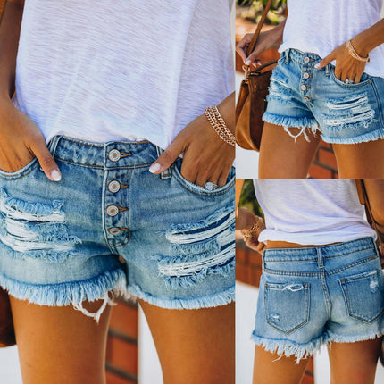 Women Mid Rise Ripped Stretchy Jeans Shorts Frayed Raw Hem Casual Denim Shorts