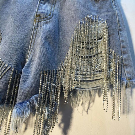 Women Denim Shorts High Waisted Ripped Tassels Jean Shorts